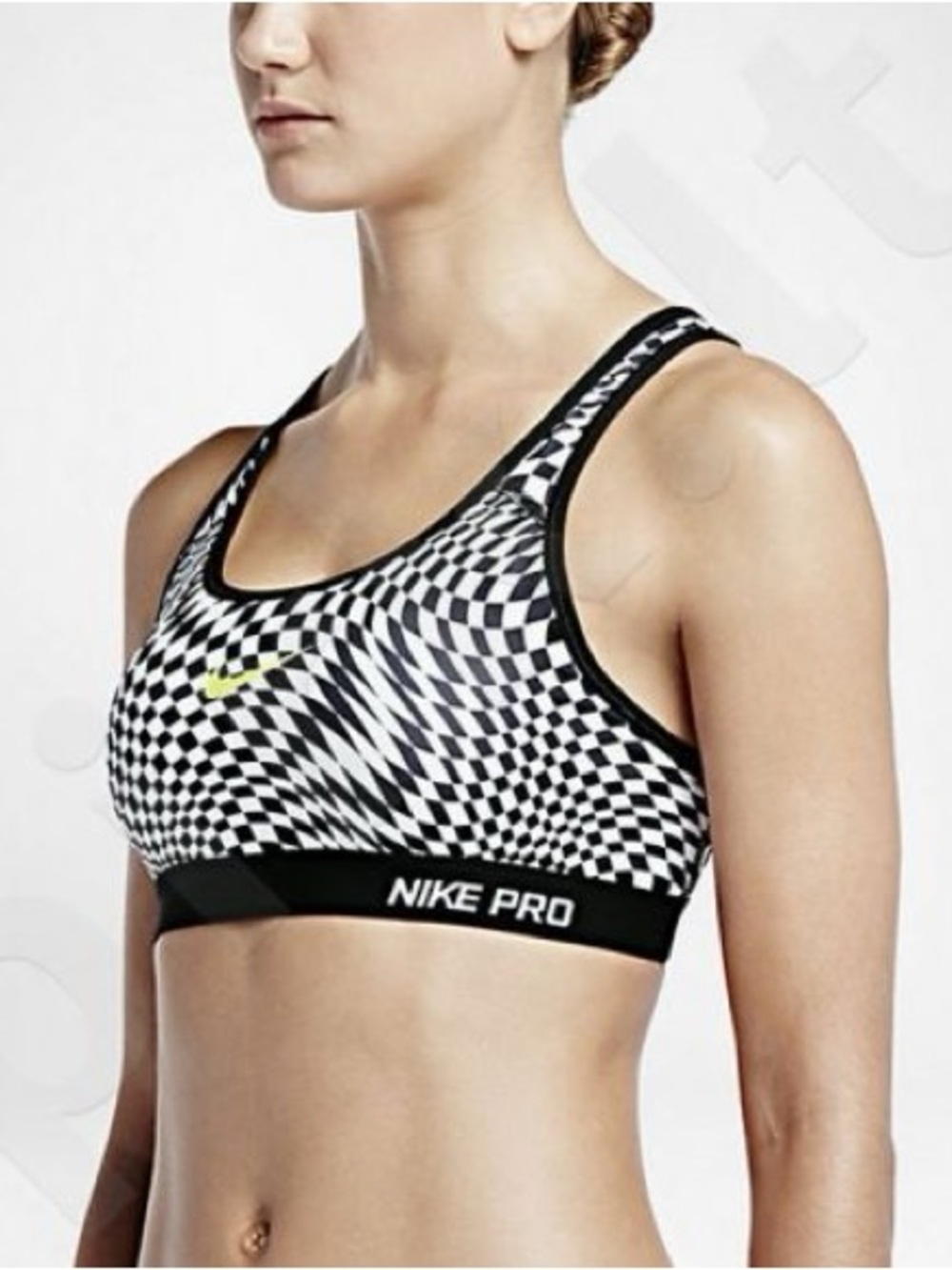 Nike Pro Women's Checkered Sports Bra - Black, White, and Neon Yellow (Large)